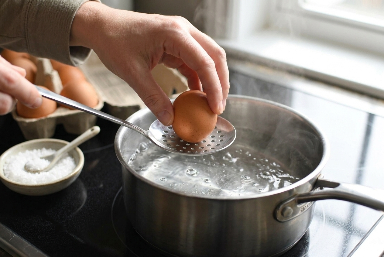 A hand lowering a raw egg into a pot of gently simmering water using a slotted spoon