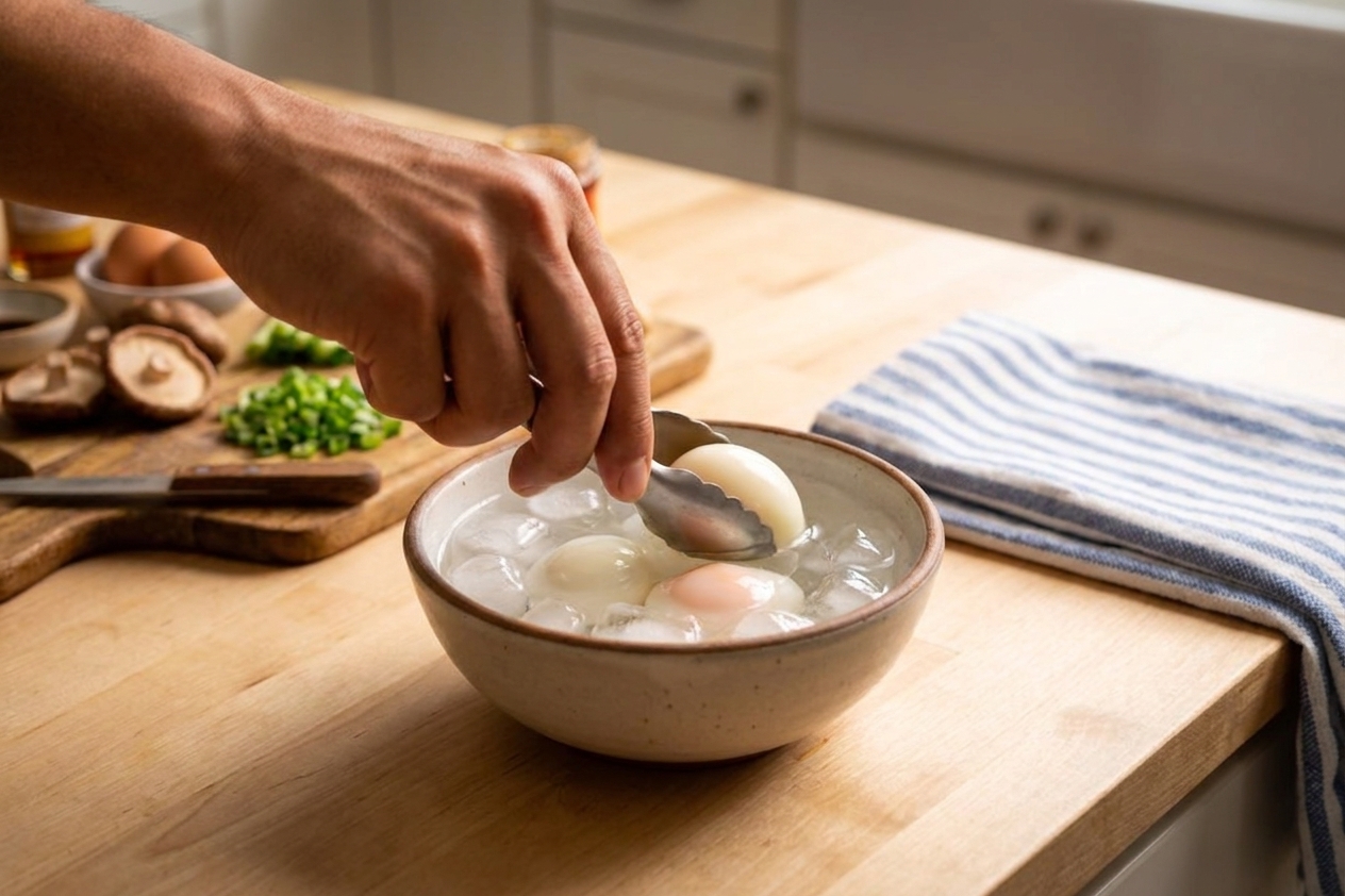 A hand lowering soft-boiled eggs into an ice water bath in a small bowl on a kitchen counter under warm light