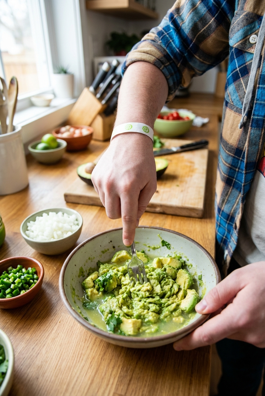 A hand mashing avocados with a fork in a bowl with diced onion and jalapeño nearby on a countertop