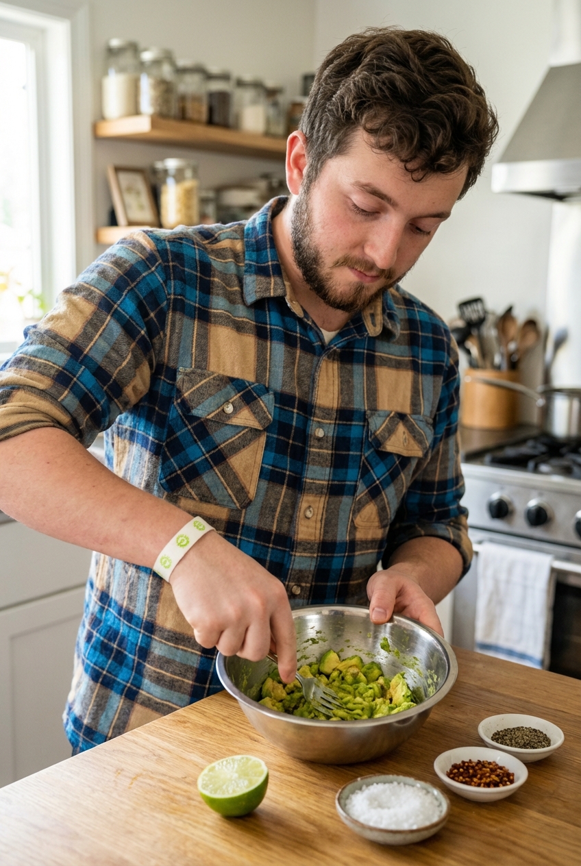 A hand mashing avocados with a fork in a mixing bowl with lime and seasonings