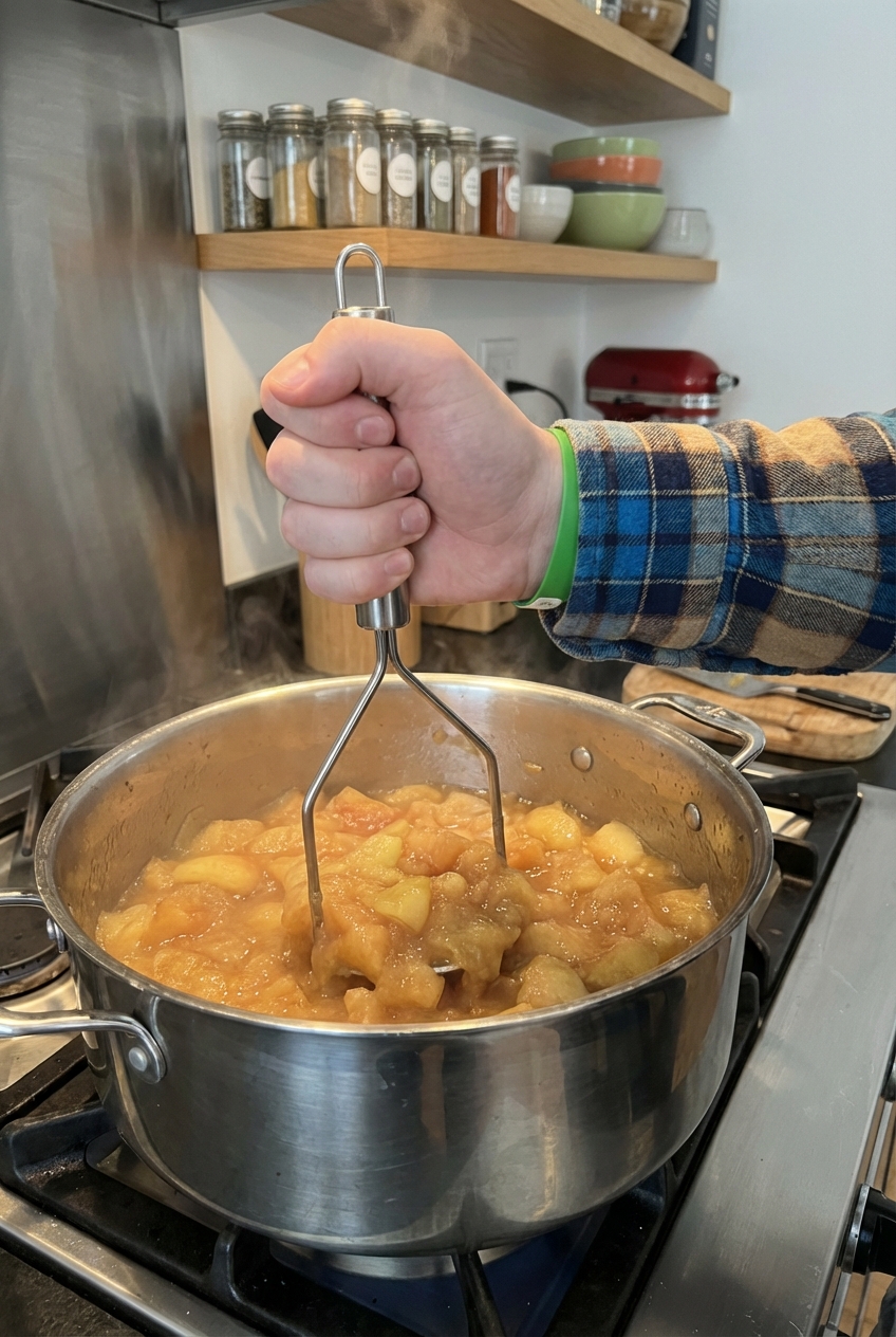 A hand mashing cooked apples into chunky applesauce in a pot with a potato masher