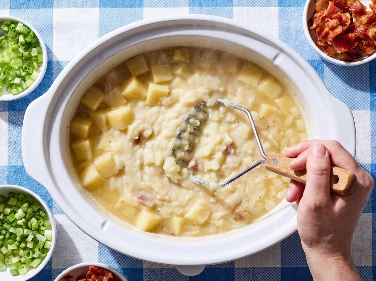 A hand mashing cooked potatoes inside a slow cooker with a potato masher, thickening the soup