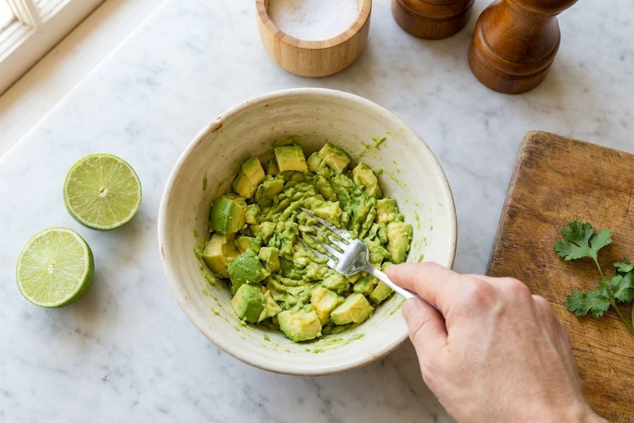 A hand mashing ripe avocado with a fork in a ceramic bowl on a kitchen counter, with lime halves nearby