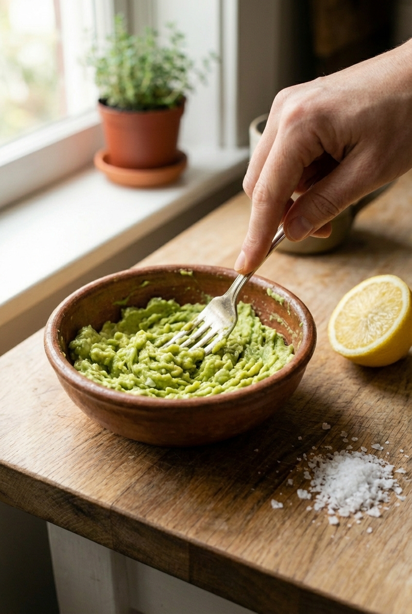 A hand mashing ripe avocado with a fork in a small bowl, with a lemon wedge and flaky salt nearby