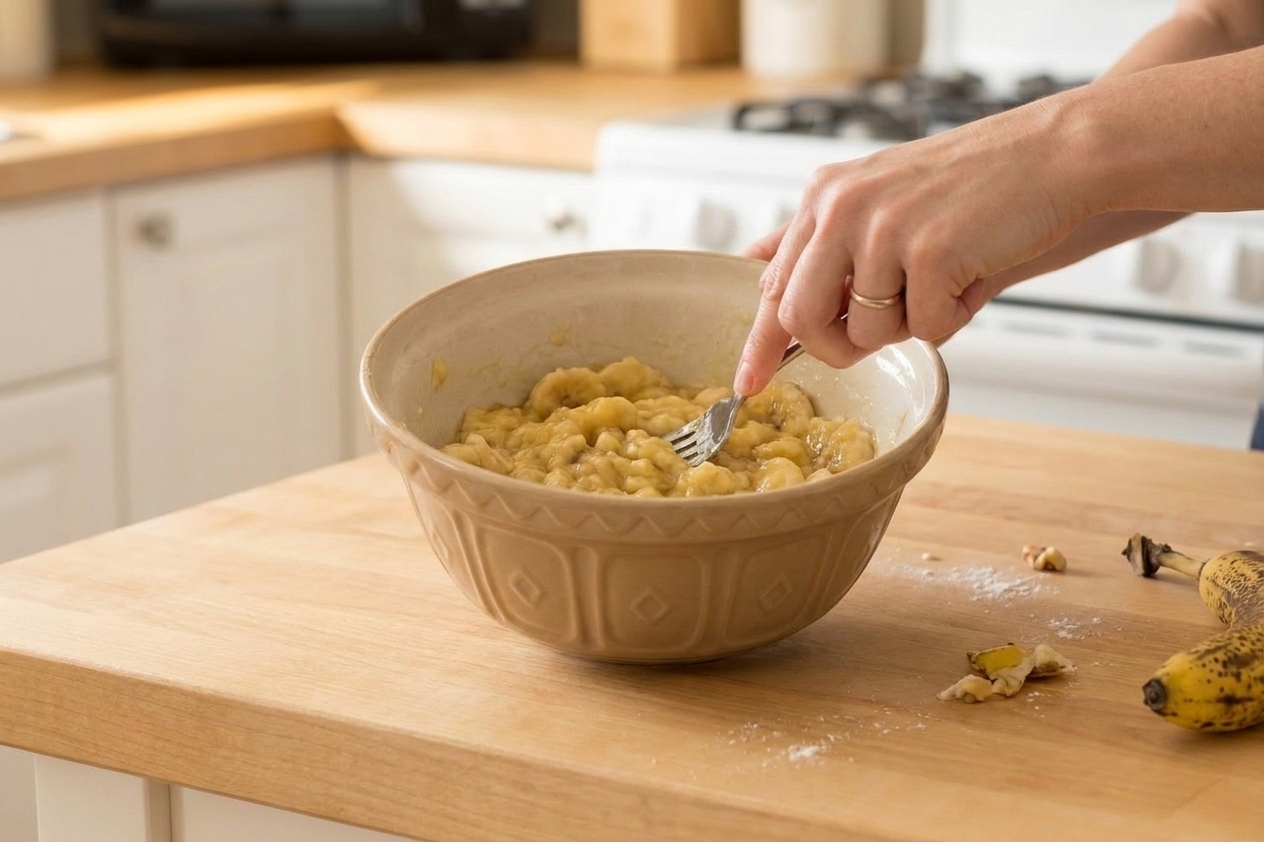 A hand mashing ripe bananas with a fork in a mixing bowl on a clean kitchen counter