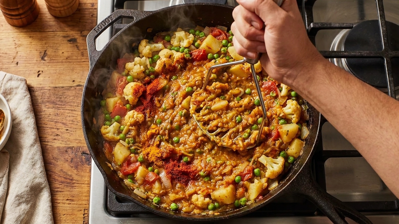 A hand mashing softened vegetables in a wide skillet with a potato masher as the bhaji turns smooth and thick