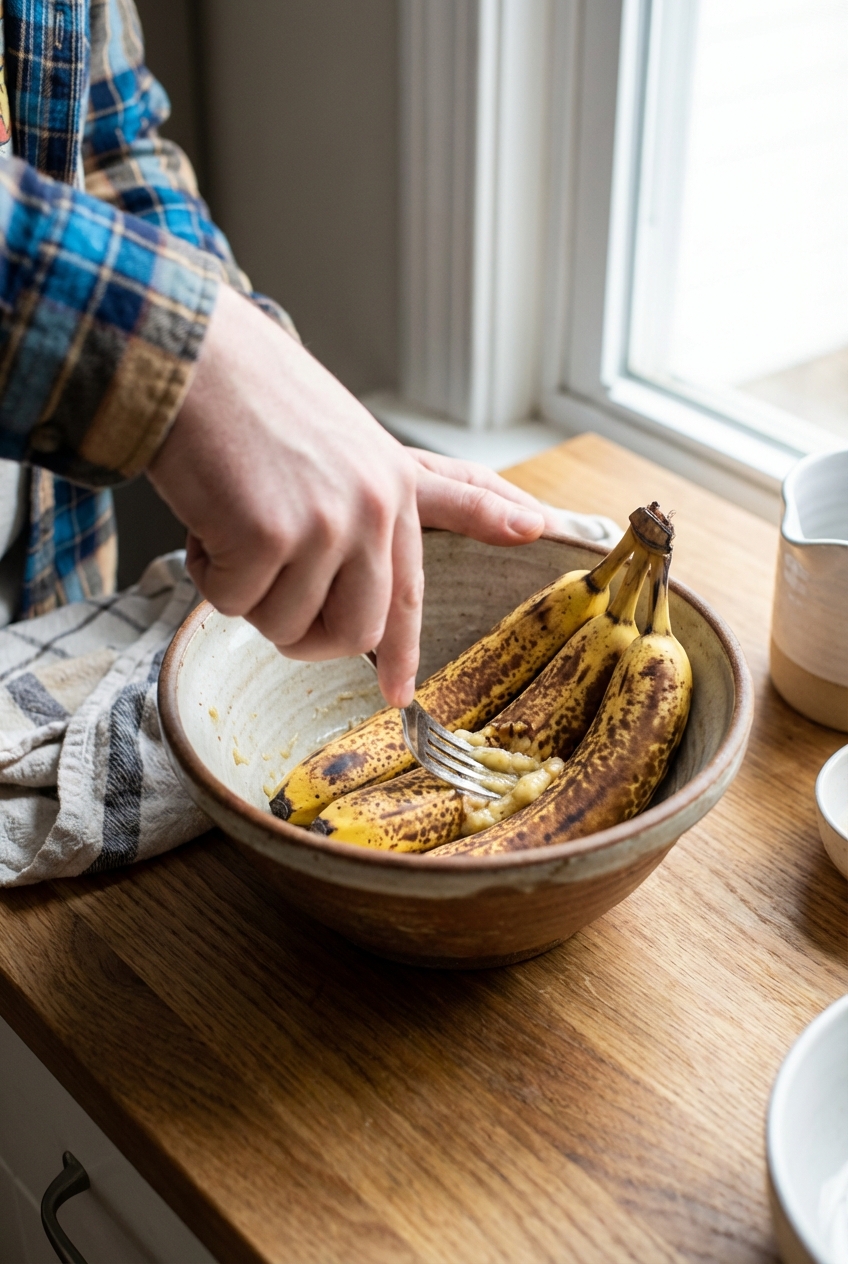 A hand mashing very ripe bananas with a fork in a ceramic mixing bowl on a wooden countertop