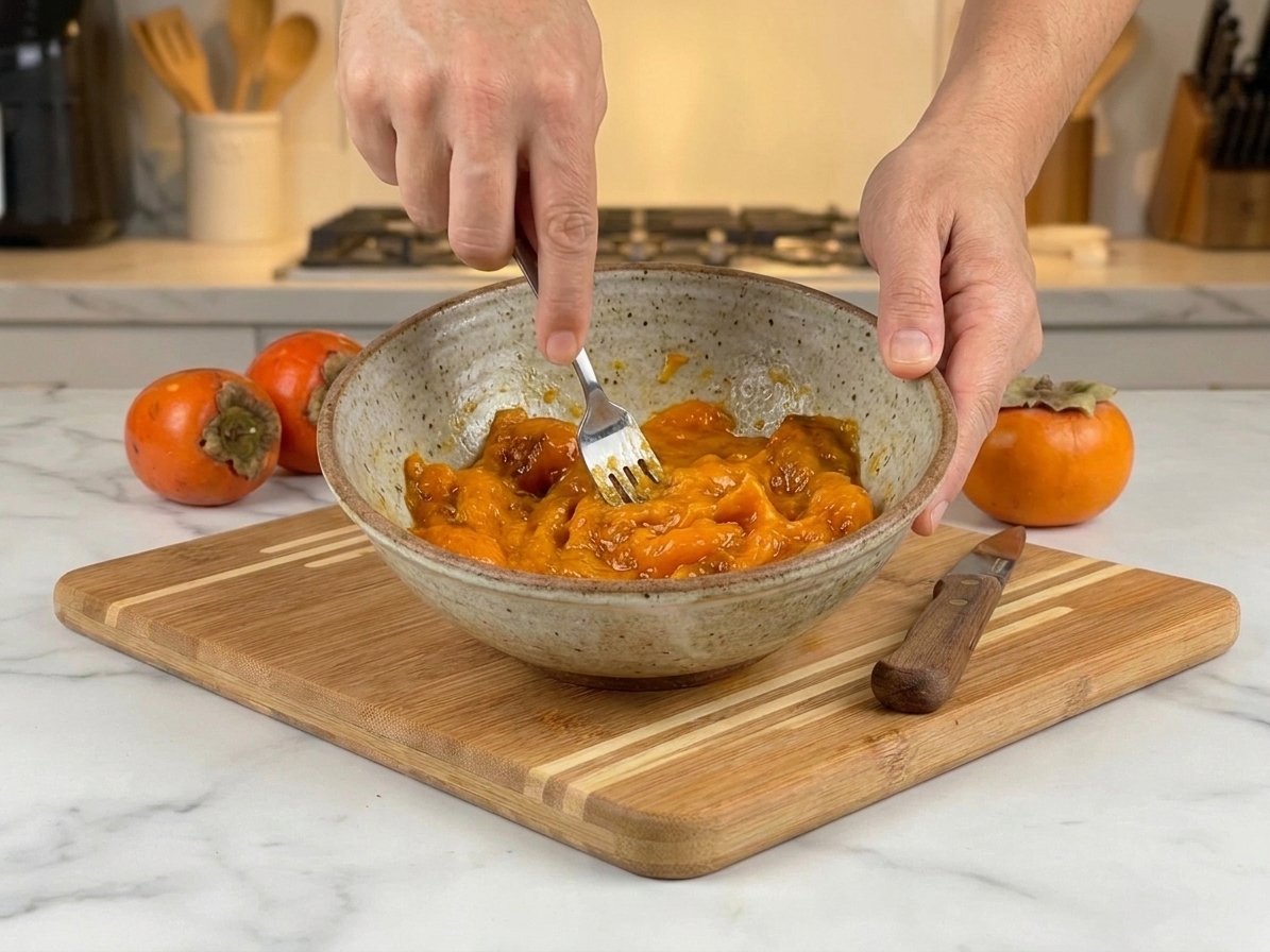 A hand mashing very ripe persimmon flesh with a fork in a bowl on a kitchen counter