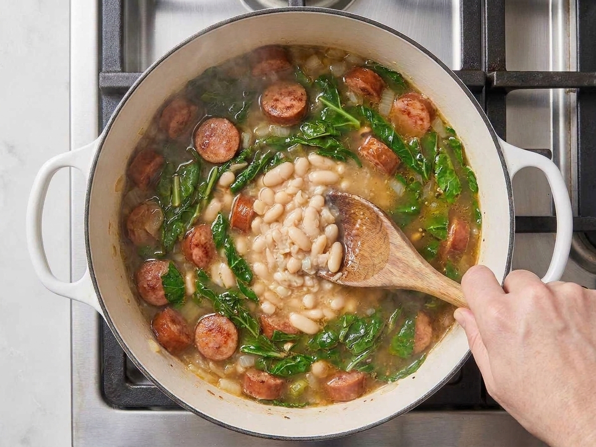 A hand mashing white beans against the side of a soup pot to thicken the broth