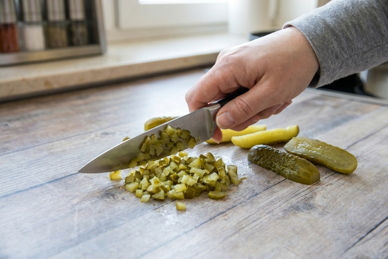 A hand mincing dill pickles very finely on a cutting board with a chef's knife, kitchen counter in the background