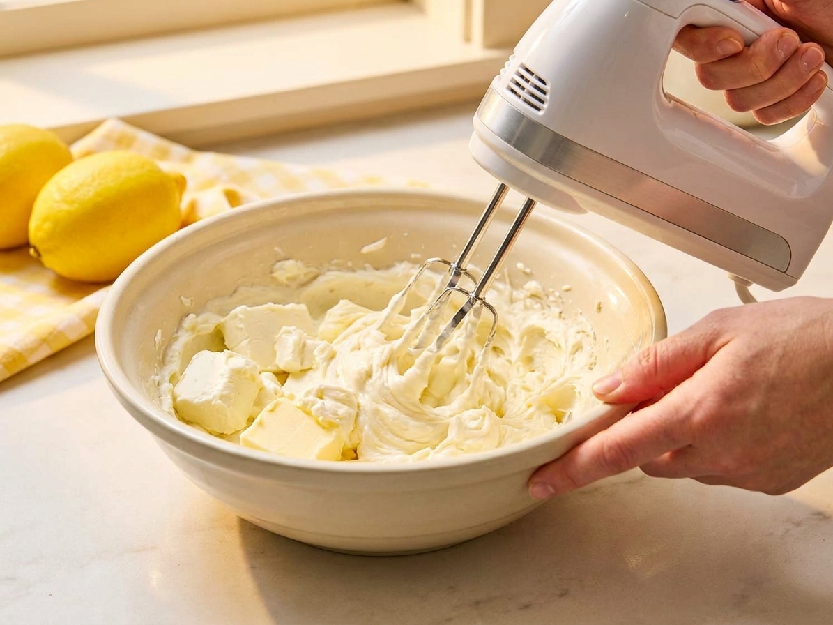 A hand mixer beating cream cheese and butter together in a mixing bowl on a clean kitchen counter, mid-mix