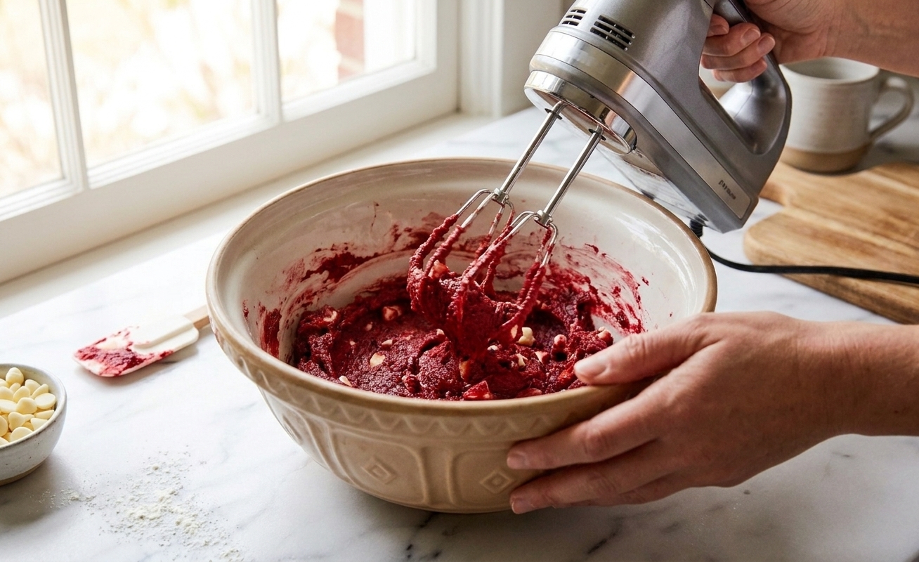 A hand mixer blending bright red cookie dough in a large mixing bowl on a kitchen counter