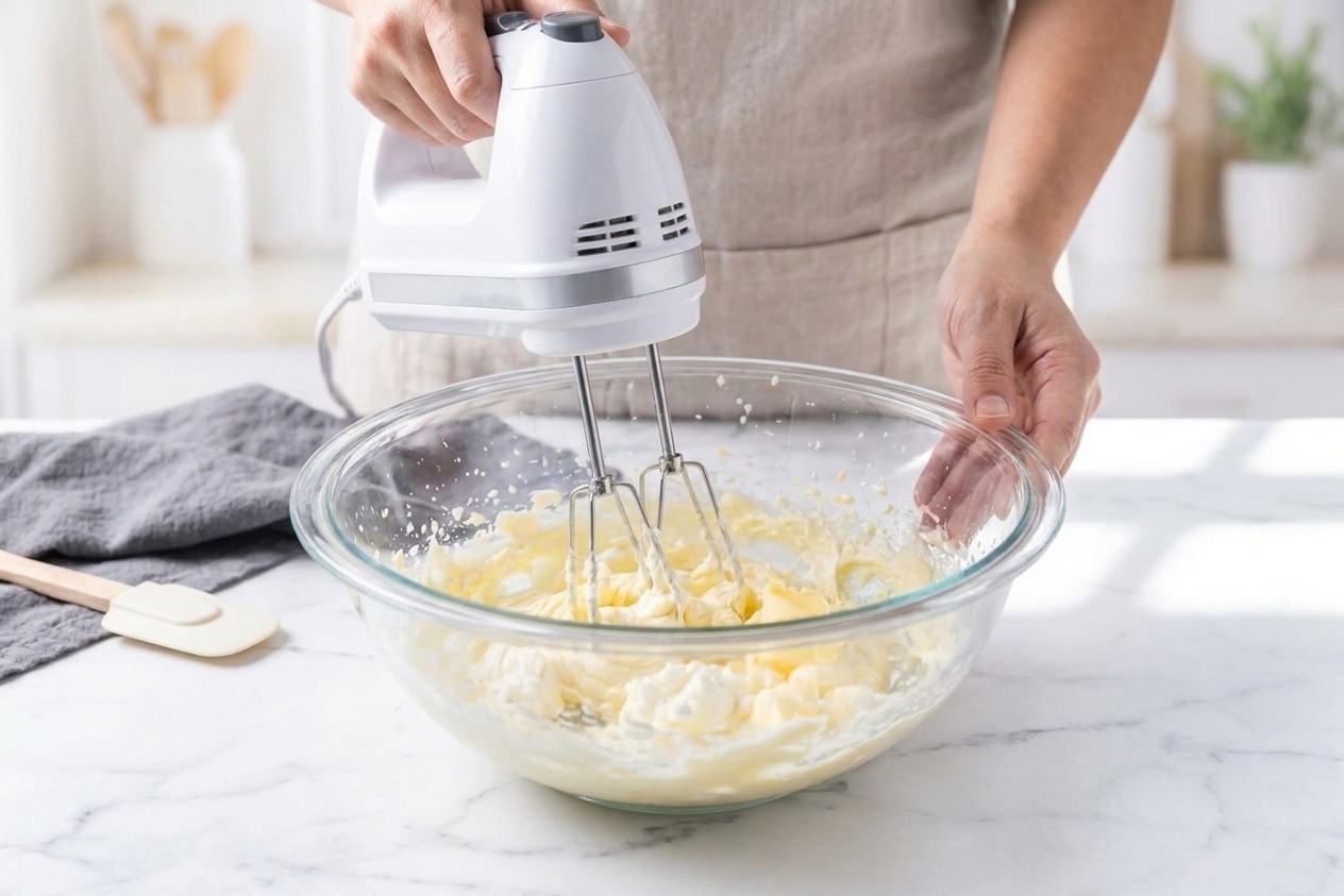 A hand mixer blending cream cheese and butter in a large bowl on a kitchen counter