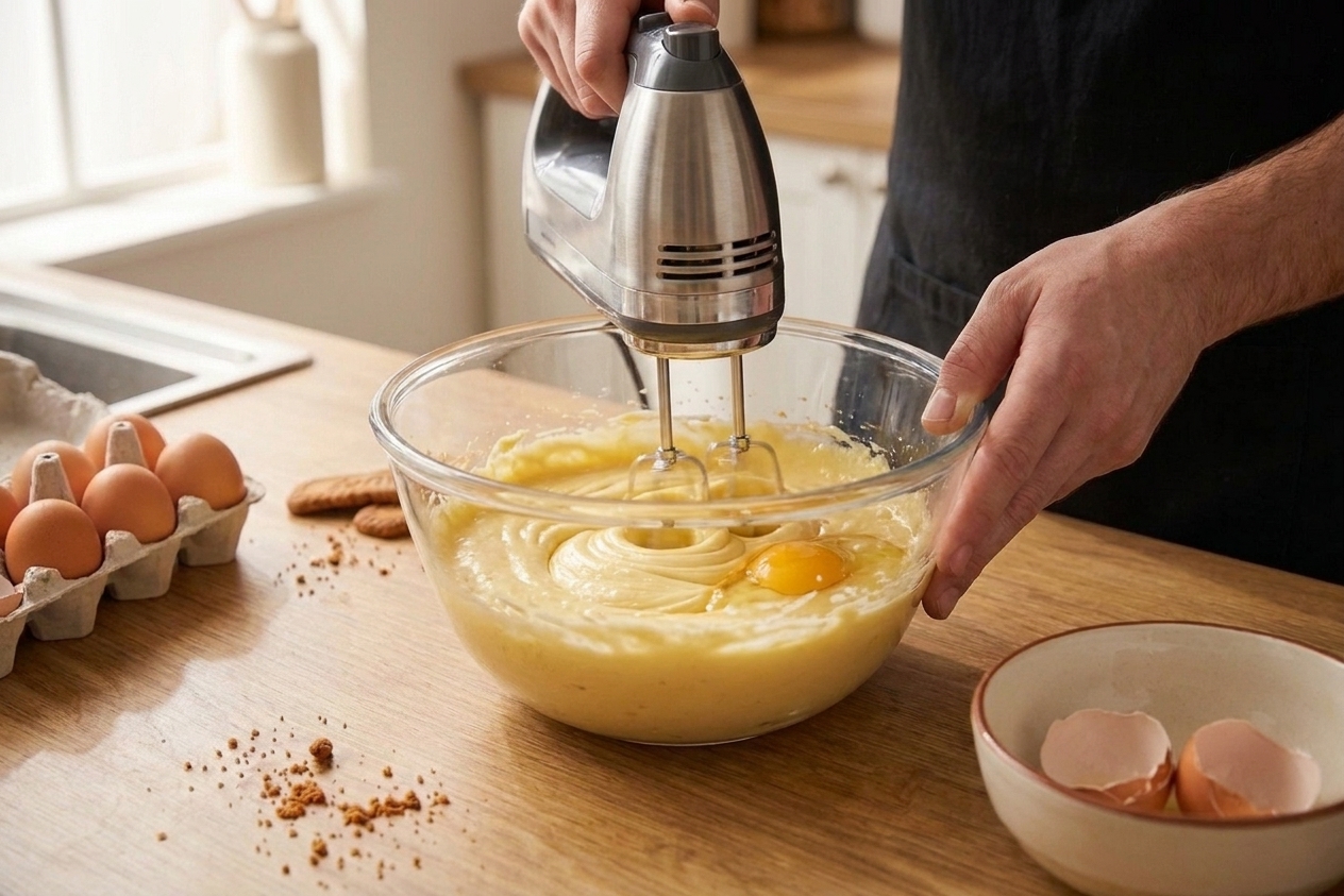 A hand mixer blending eggs into a bowl of cheesecake batter on a kitchen counter, with the batter looking thick and glossy