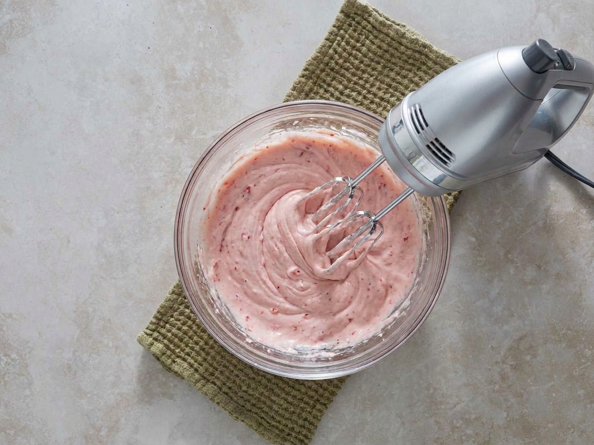 A hand mixer blending pale pink strawberry frosting in a glass mixing bowl on a kitchen counter