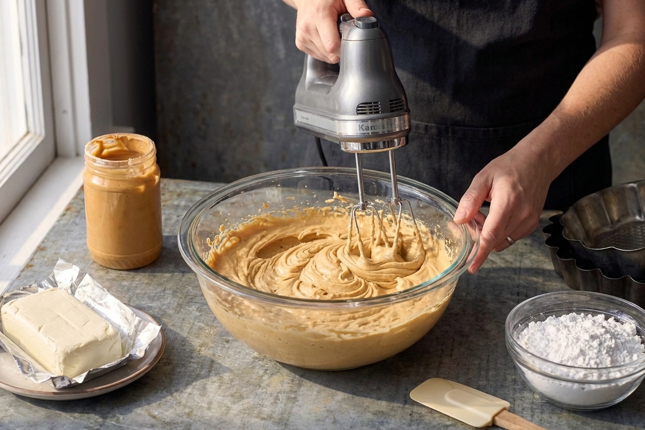 A hand mixer blending peanut butter and cream cheese filling in a mixing bowl on a kitchen counter