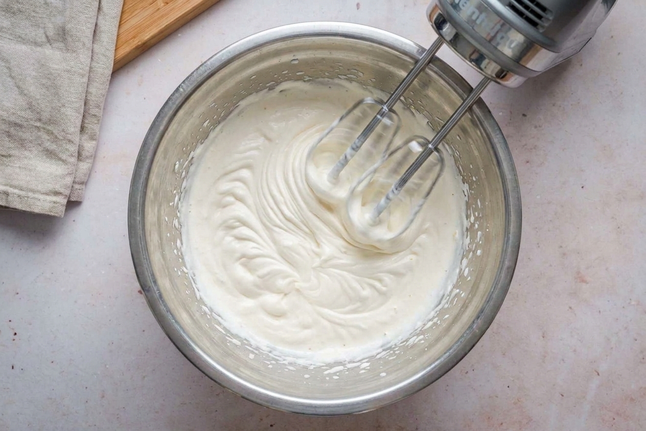 A hand mixer whipping cold cream in a stainless steel bowl on a kitchen counter, mid-mix with soft waves forming