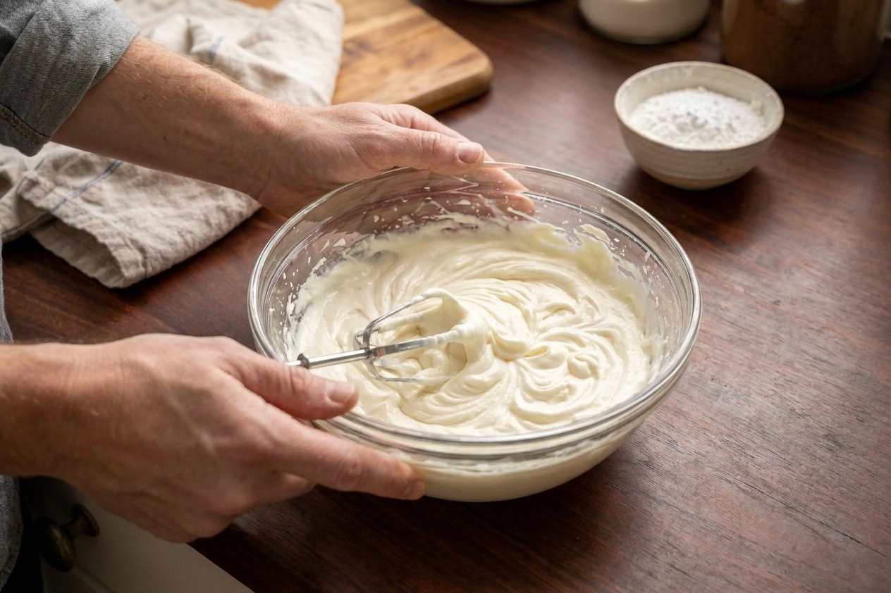 A hand mixer whipping cream cheese filling in a glass bowl on a kitchen counter