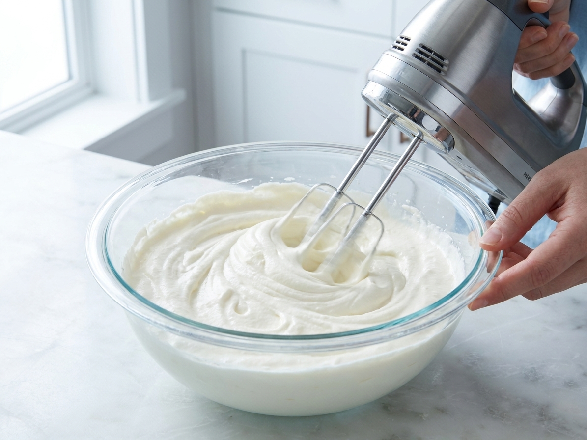 A hand mixer whipping heavy cream in a large bowl, with the cream thickening visibly