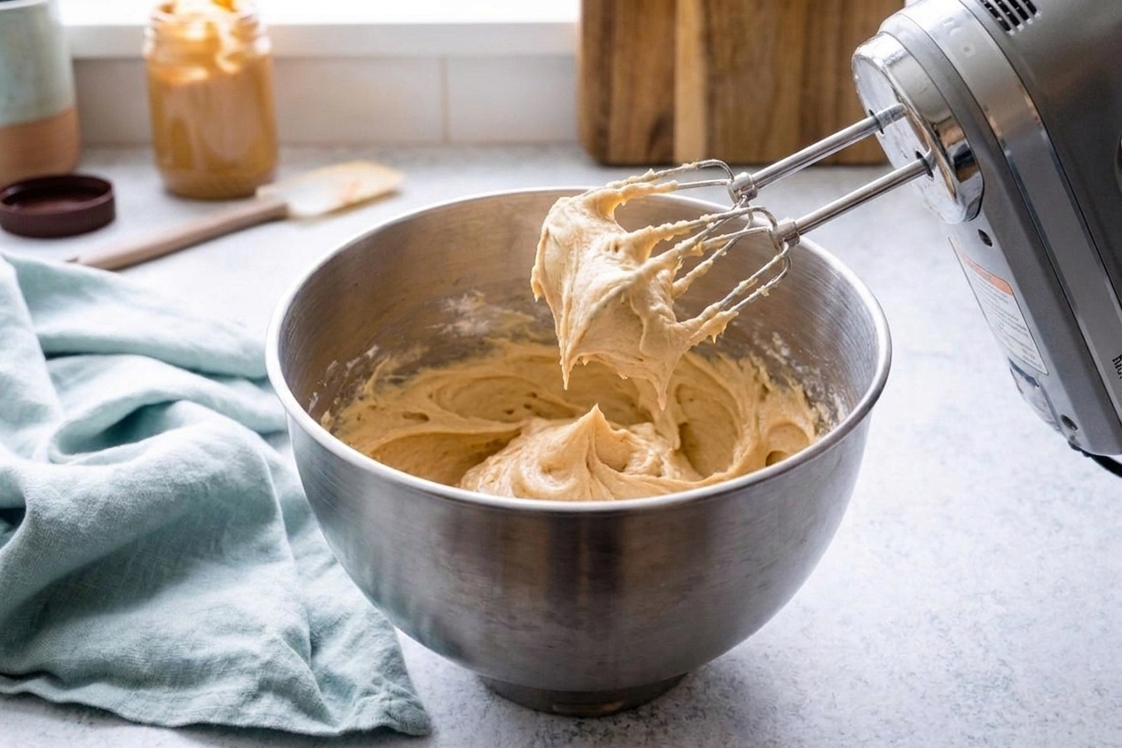 A hand mixer whipping peanut butter frosting in a stainless steel bowl on a kitchen counter, with frosting clinging to the beaters