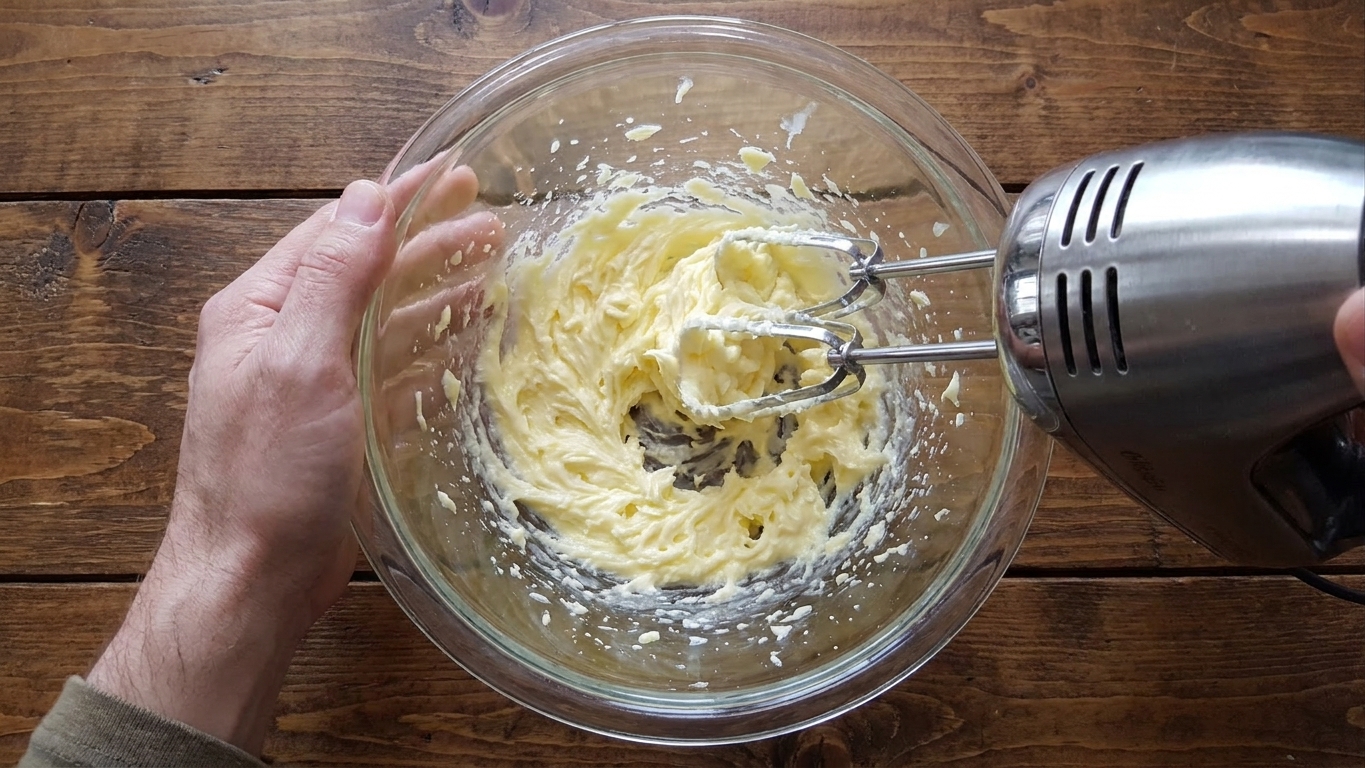 A hand mixer whipping softened butter in a glass bowl on a kitchen counter