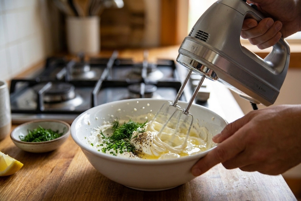 A hand mixer whipping softened cream cheese with lemon juice and seasonings in a white mixing bowl on a kitchen counter
