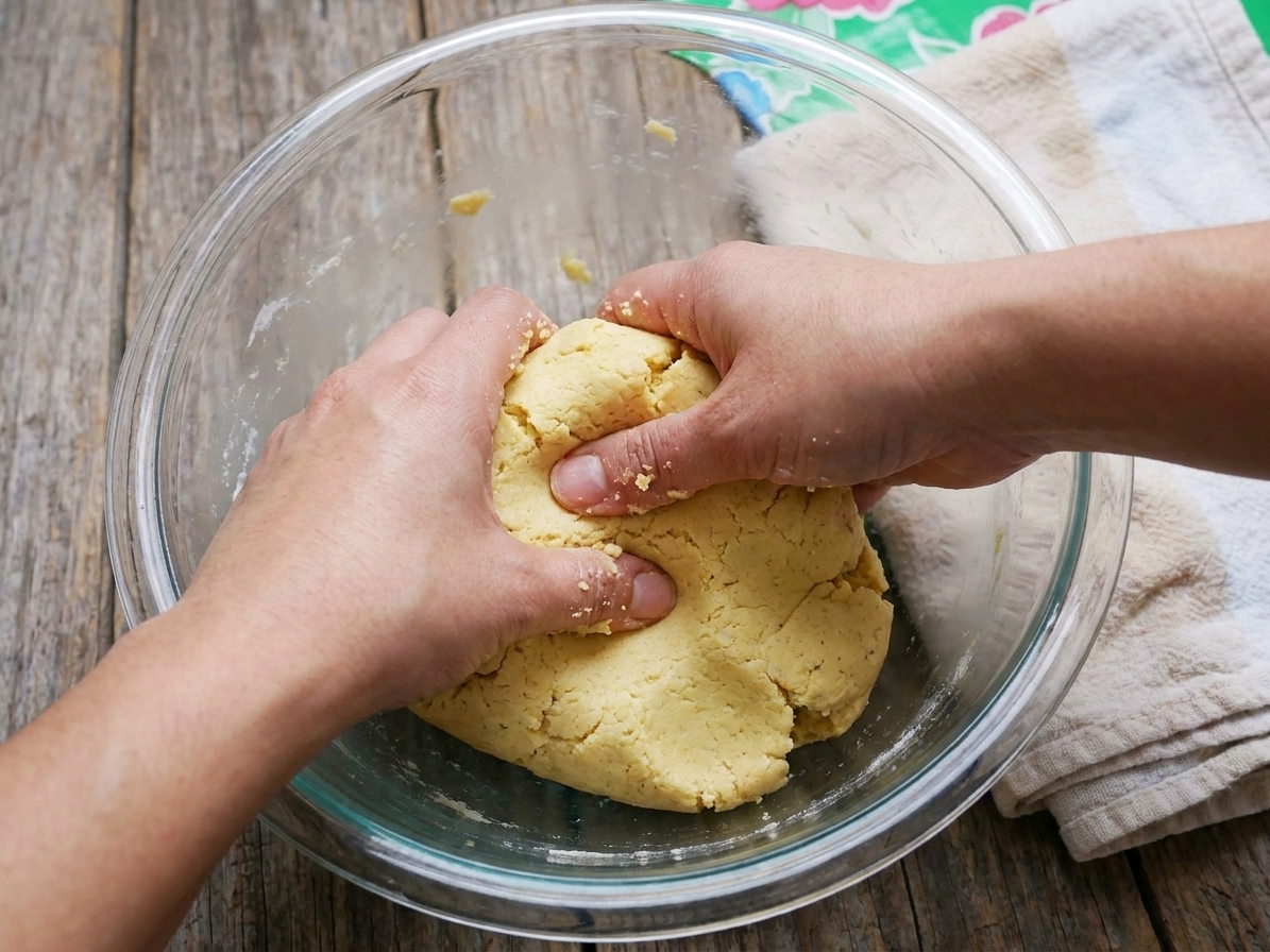 A hand mixing hydrated masa dough in a glass bowl on a kitchen counter, with a damp towel nearby