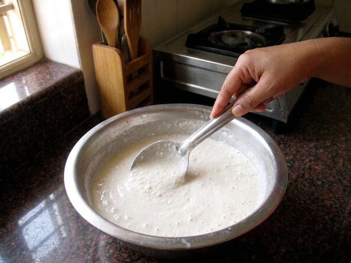 A hand mixing idli batter in a large bowl, showing a thick, pourable consistency with small bubbles