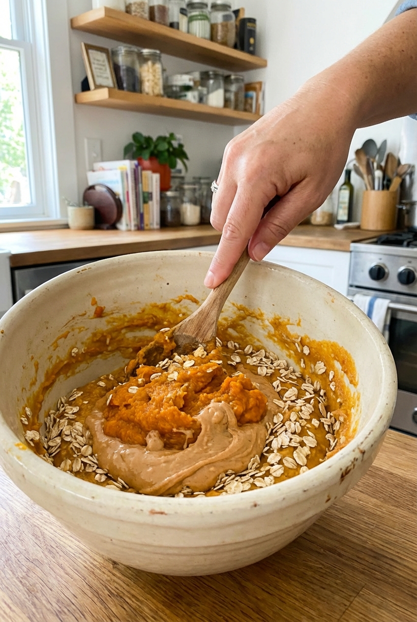 A hand mixing pumpkin, peanut butter, and oats in a ceramic bowl on a kitchen counter