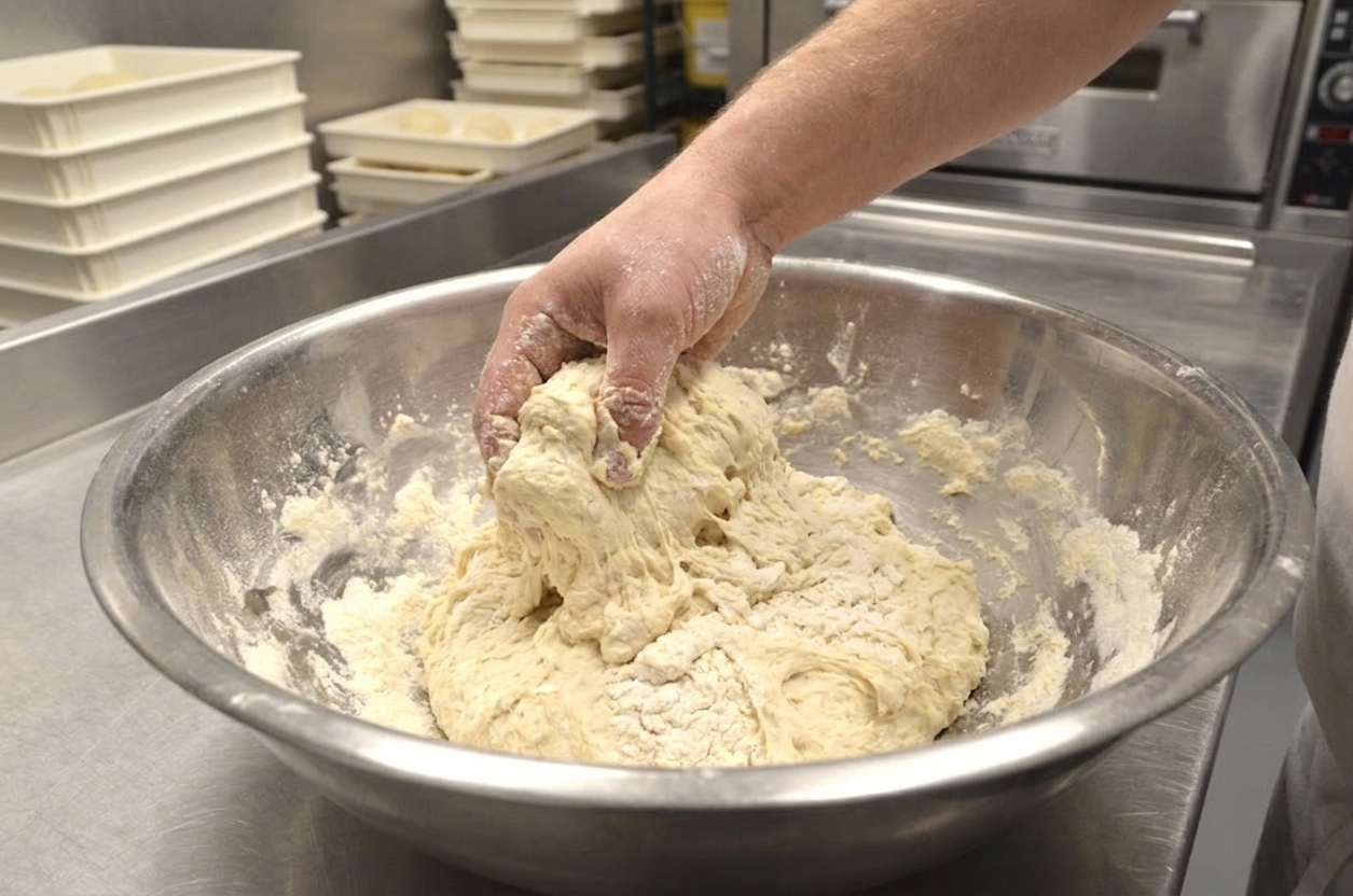 A hand mixing shaggy pizza dough in a large stainless steel bowl on a kitchen counter, flour still slightly visible
