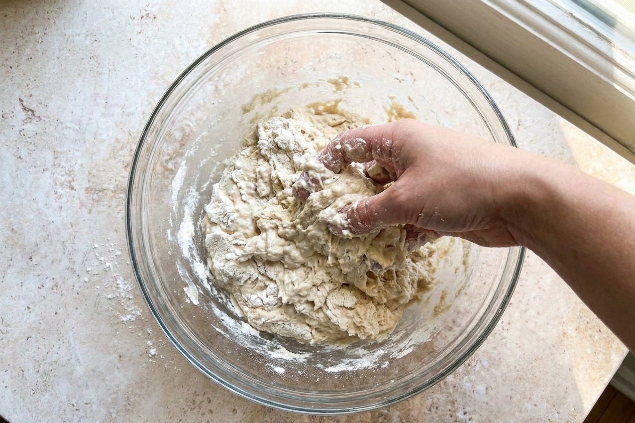 A hand mixing shaggy sourdough dough in a large glass bowl on a kitchen counter