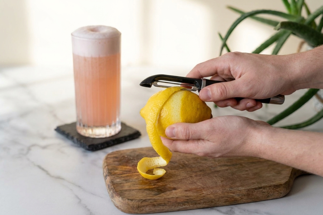 A hand peeling a long strip of lemon zest over a cutting board on a bright kitchen counter, ready to garnish a cocktail