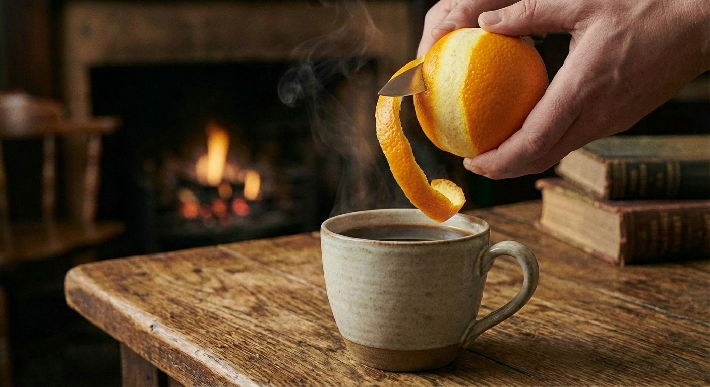 A hand peeling a wide strip of orange peel over a steaming mug of coffee on a kitchen counter
