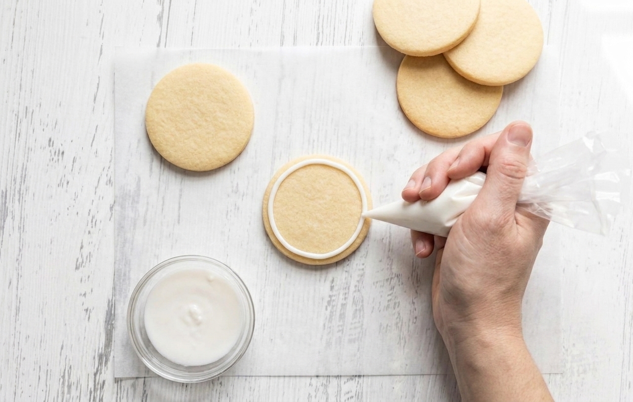A hand piping a neat outline of white frosting around a sugar cookie on parchment paper using a small piping bag