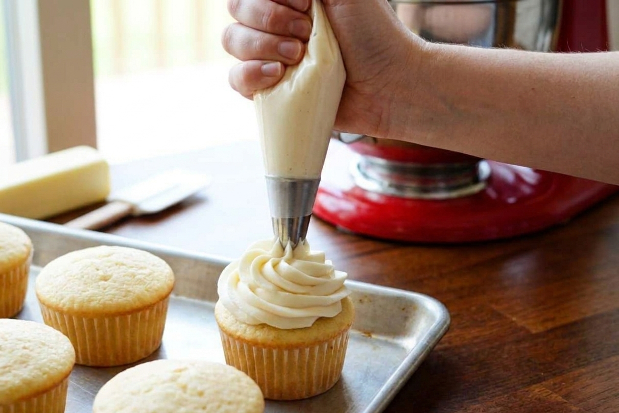 A hand piping a tall swirl of vanilla buttercream onto a cupcake on a baking sheet in a bright home kitchen