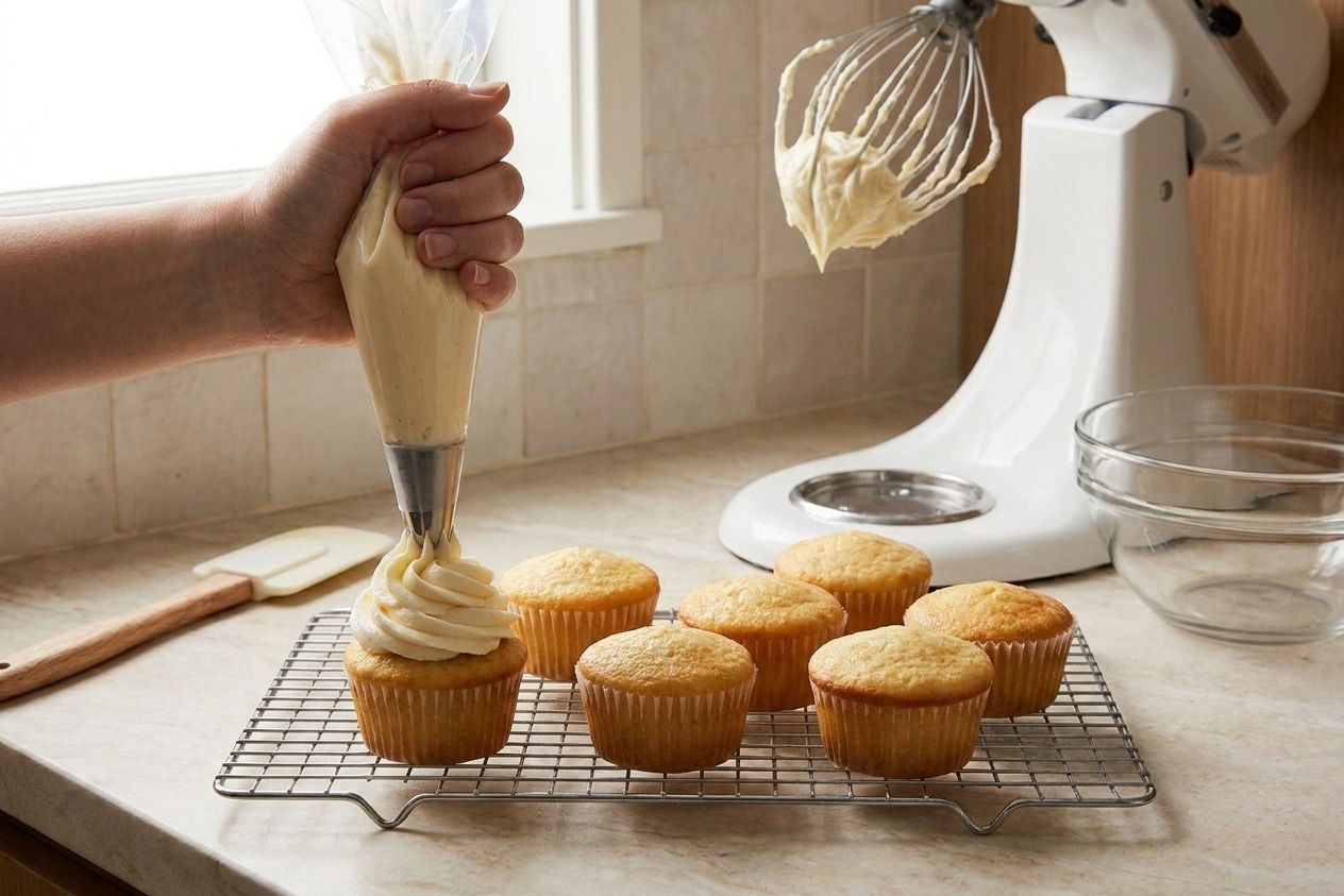 A hand piping a tall swirl of vanilla buttercream onto a row of cupcakes on a kitchen counter