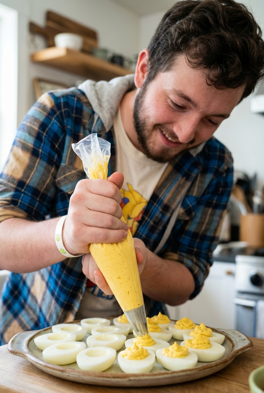 A hand piping creamy deviled egg filling into egg white halves on a platter