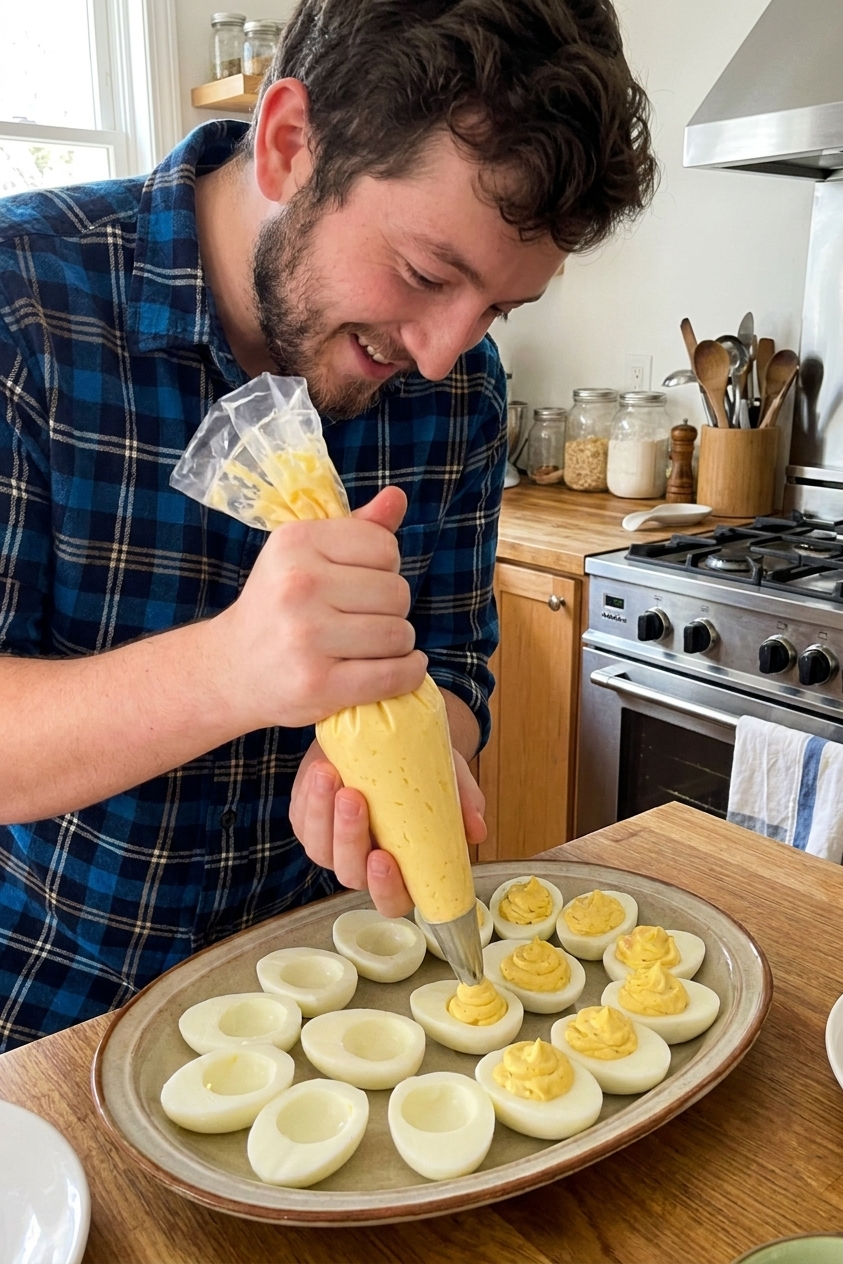 A hand piping creamy deviled egg filling into egg white halves on a serving platter in a home kitchen