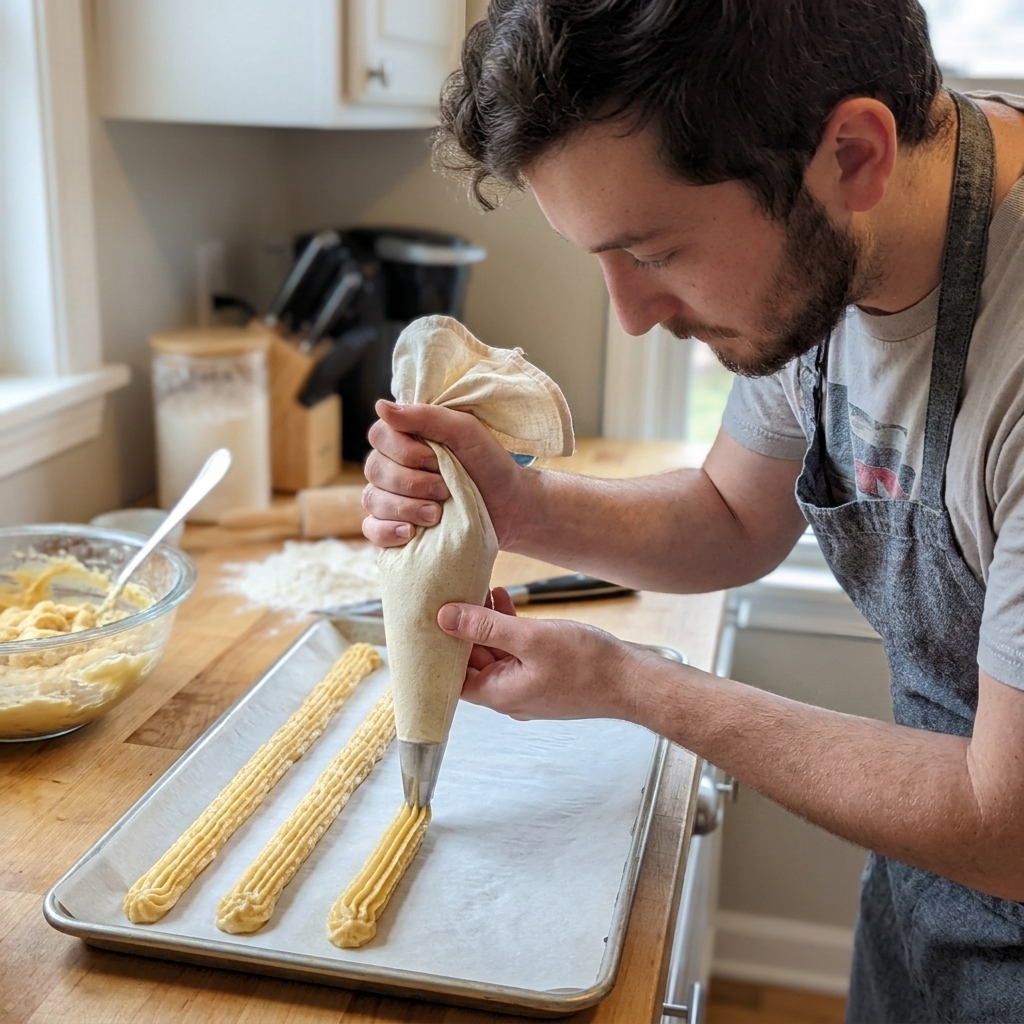 A hand piping long lines of choux pastry onto a parchment-lined baking sheet using a pastry bag with a large star tip, realistic kitchen photo