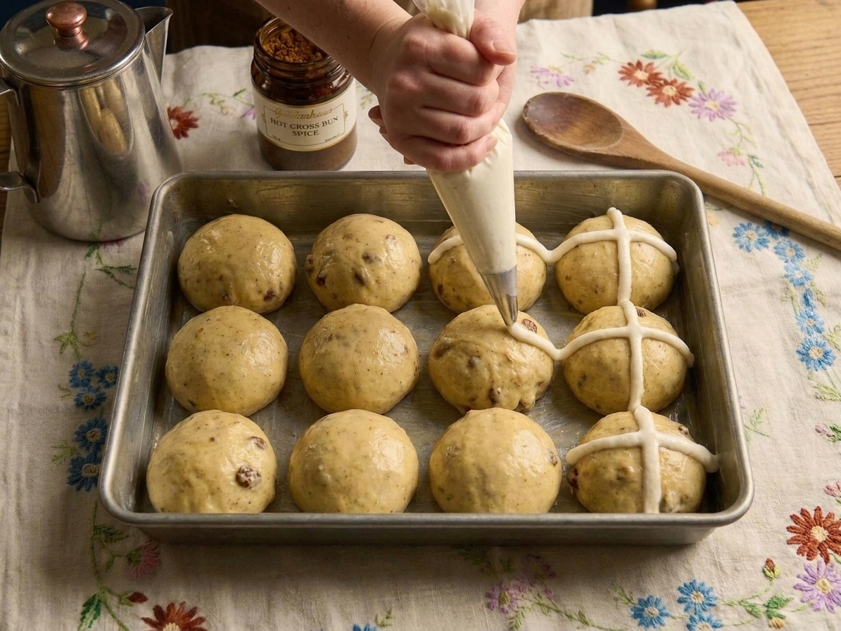 A hand piping thick flour paste crosses over risen buns in a baking pan on a kitchen counter