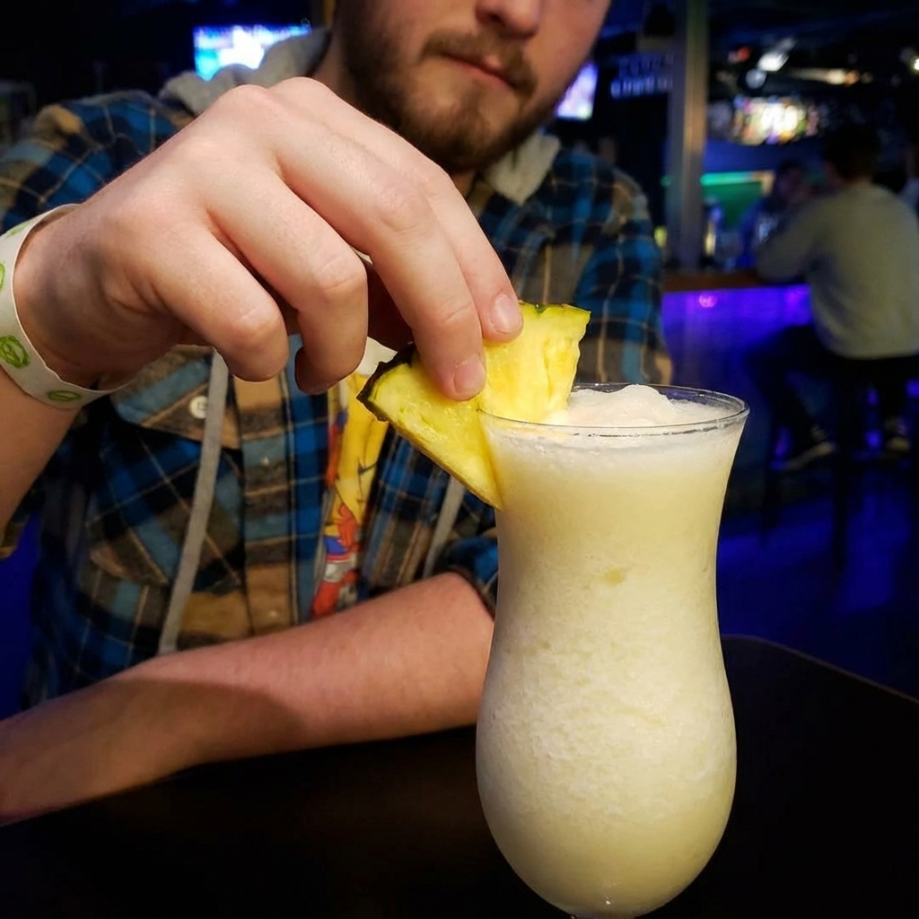 A hand placing a pineapple wedge garnish onto a frosty piña colada in a glass