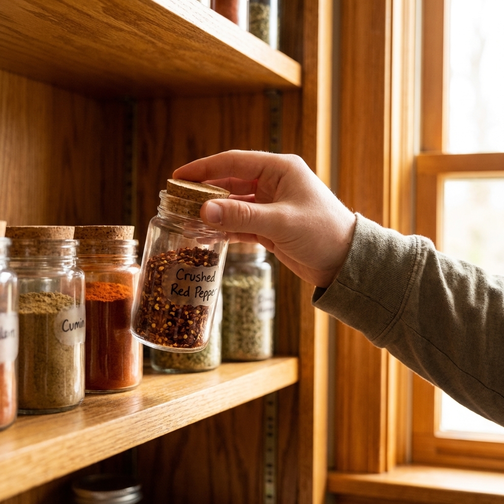 A hand placing a sealed glass spice jar into a kitchen pantry shelf with other spices in the background, warm natural light, realistic food photography
