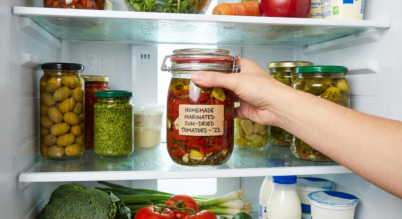 A hand placing a sealed jar of marinated sun-dried tomatoes onto a refrigerator shelf