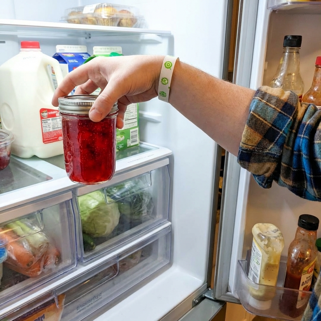 A hand placing a sealed jar of strawberry jam onto a refrigerator shelf