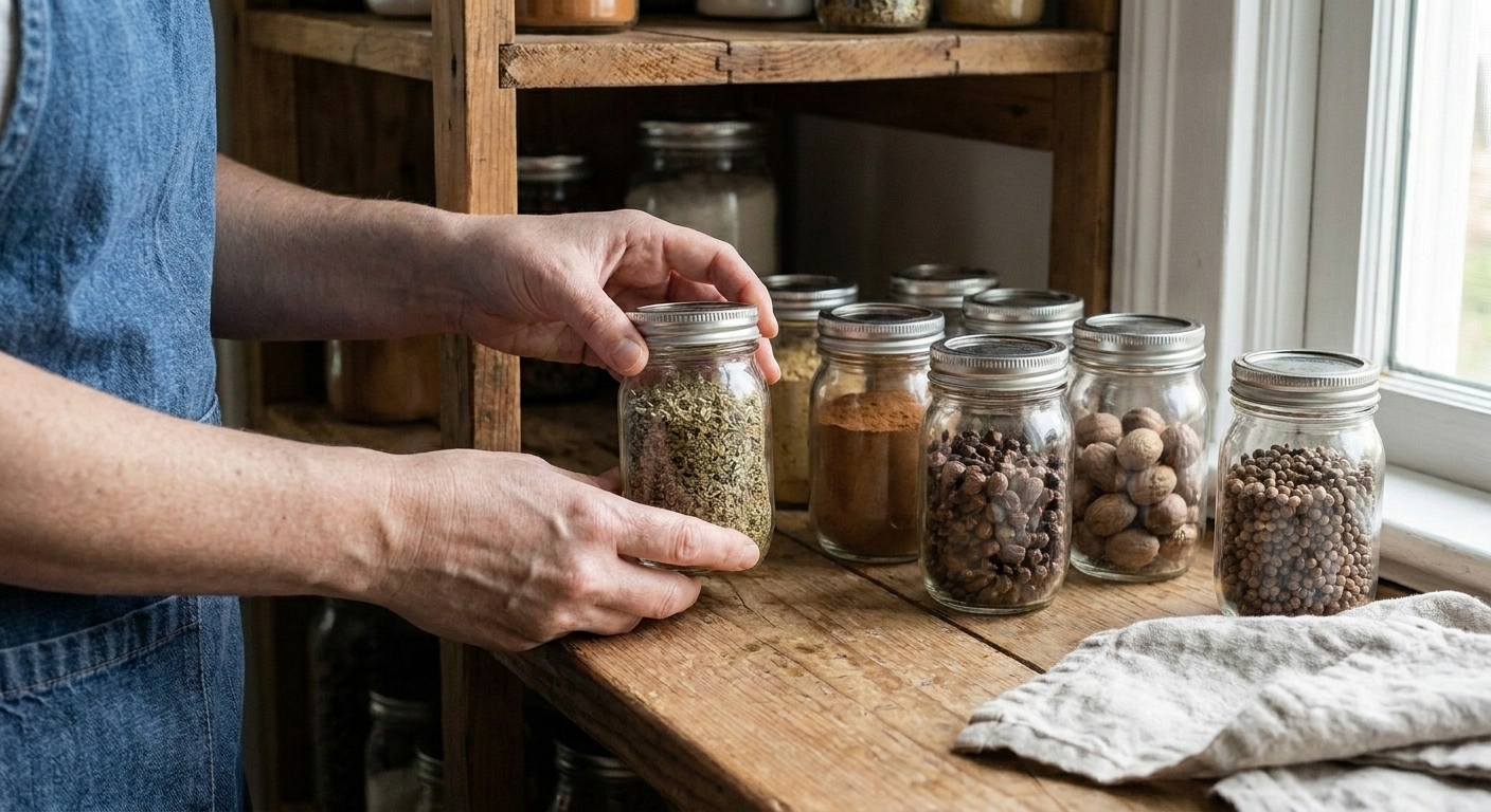 A hand placing a small glass spice jar onto a pantry shelf with other neatly arranged spice jars, soft kitchen lighting