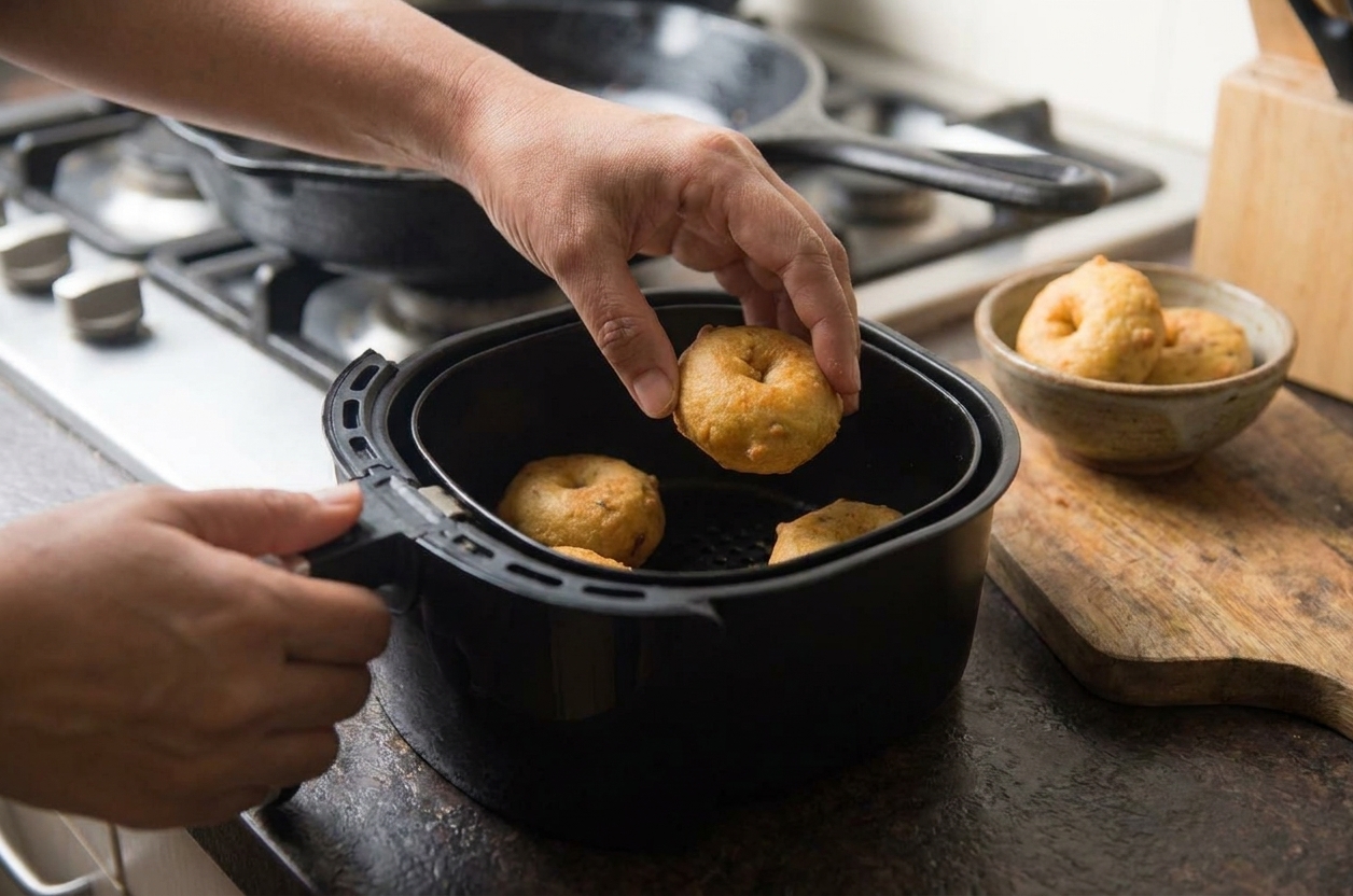 A hand placing leftover potato fritters into an air fryer basket on a kitchen counter, warm natural light