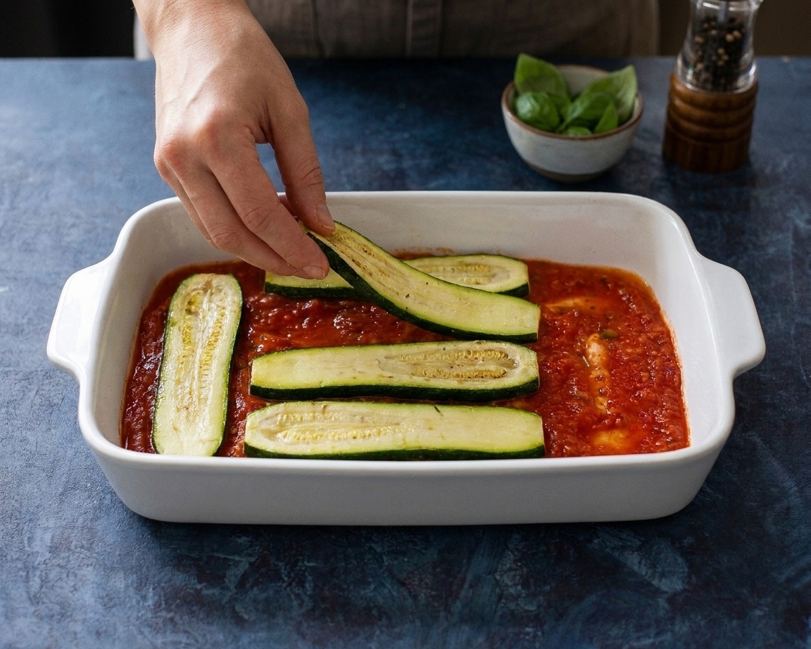 A hand placing roasted zucchini planks in a baking dish over red sauce during zucchini lasagna assembly on a kitchen counter