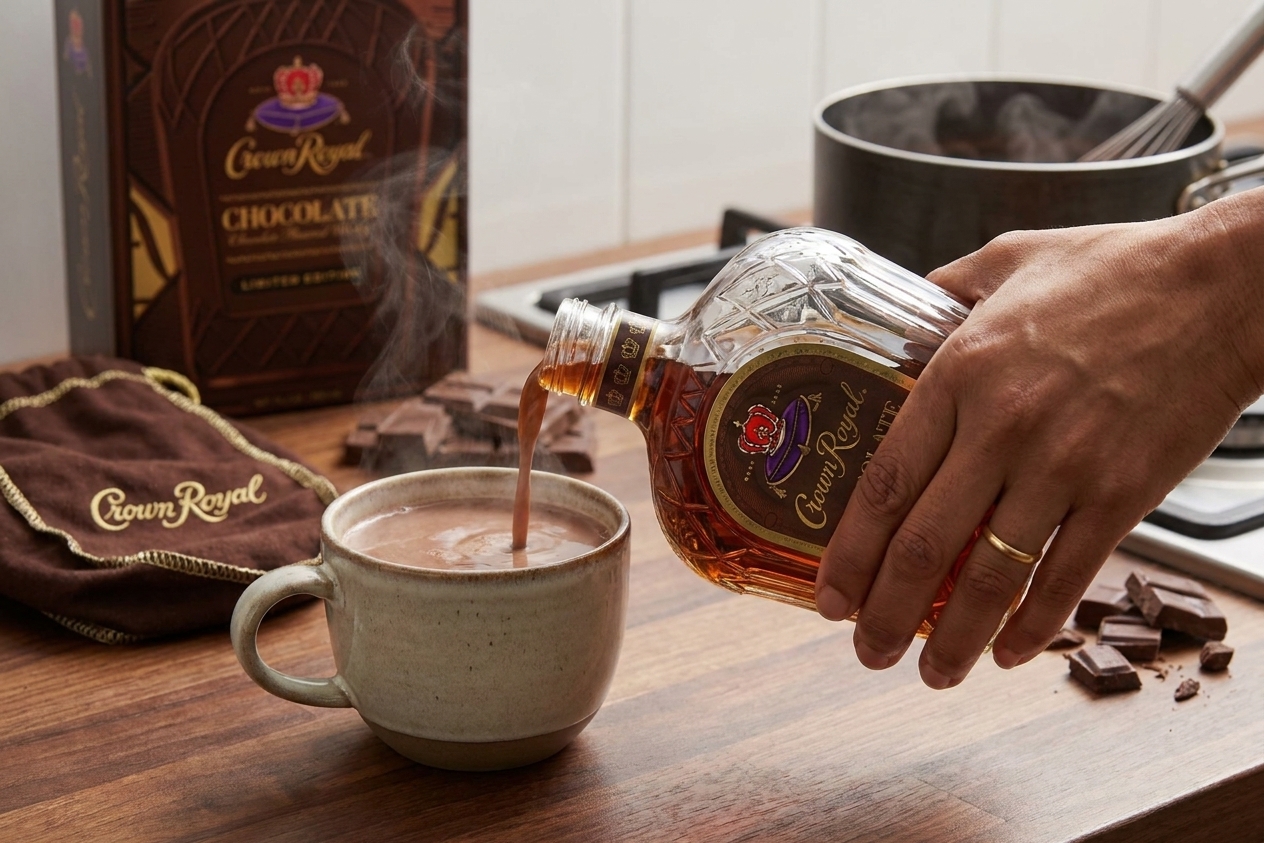 A hand pouring Chocolate Crown Royal from the bottle into a mug of hot cocoa on a kitchen counter