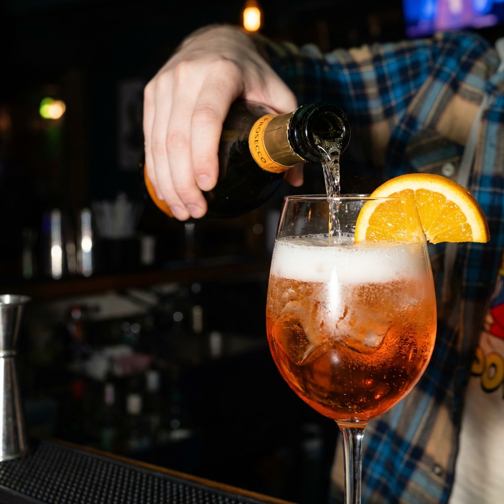 A hand pouring Prosecco into a wine glass filled with ice and Aperol, with an orange slice resting on the rim