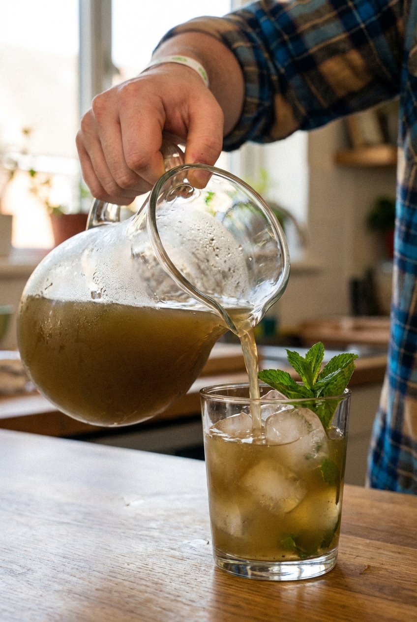A hand pouring a chilled earthy healy drink from a glass pitcher into an ice-filled tumbler with mint